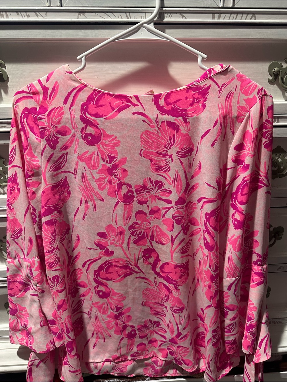 Lilly Pulitzer Pink Flamingo Floral Long Sleeve Blouse Size XS